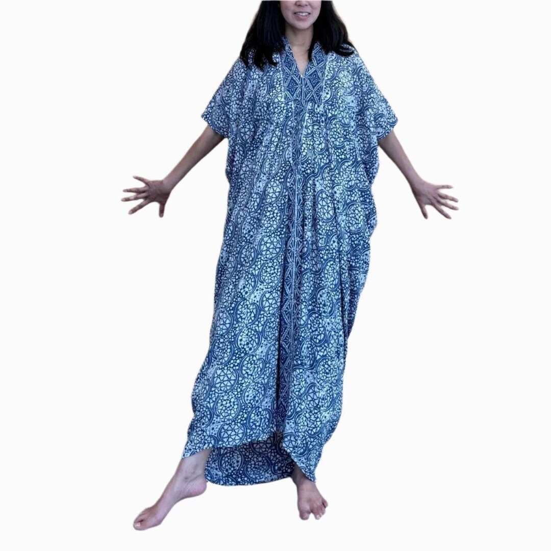 Hand Dyed Batik Kaftan Dress 100 Cotton Maxi, Long, Caftan, Blue, Loose, Plus Size, Island Luxe, Tropical Resort, White Lotus Inspired | MakerPlace by Michaels Hand Dyed Batik Kaftan Dress 100 Cotton Maxi, Long, Caftan, Blue, Loose, Plus Size, Island Luxe, Tropical Resort, White Lotus Inspired | MakerPlace by Michaels